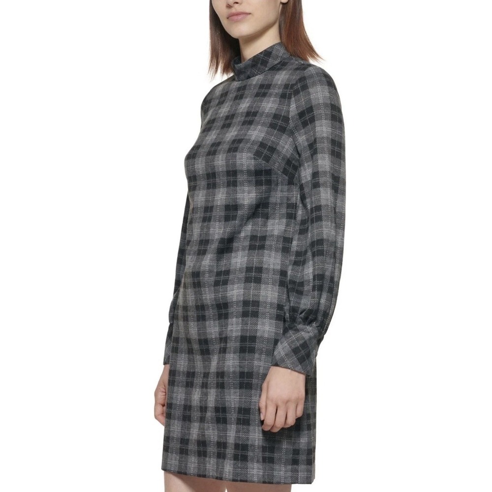 NWT CALVIN KLEIN FAB! Cuffed Sleeve Mock Neck Sheath Dress in Plaid Multi Sz 8